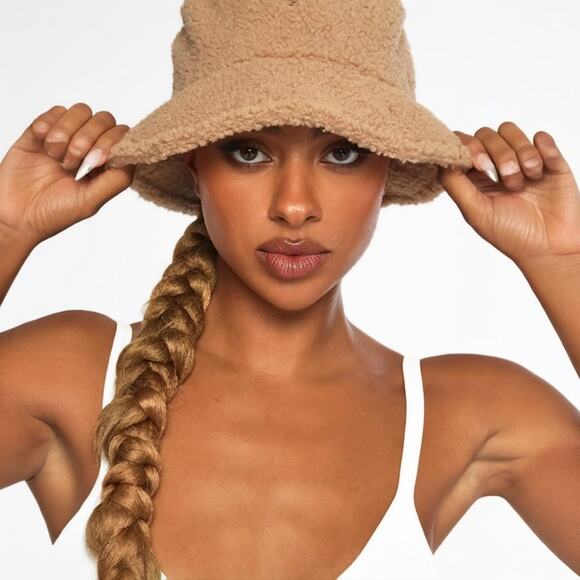 Peta + Jain Accessories - Peta + Jain Fuzzy Teddy Bucket Packable Beach Sun Hat in Nude Tan with Gold Logo